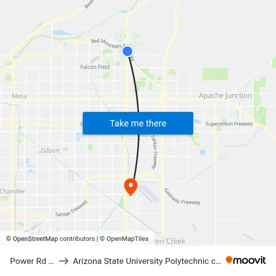 Power Rd Pnr to Arizona State University Polytechnic campus map
