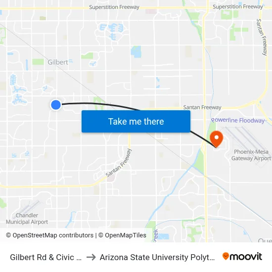Gilbert Rd & Civic Center Dr to Arizona State University Polytechnic campus map