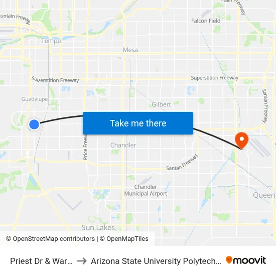 Priest Dr & Warner Rd to Arizona State University Polytechnic campus map