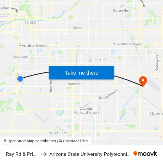 Ray Rd & Priest Dr to Arizona State University Polytechnic campus map