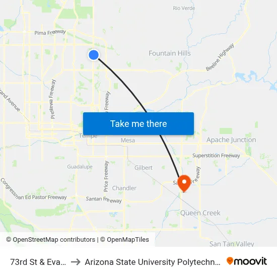 73rd St & Evans Dr to Arizona State University Polytechnic campus map