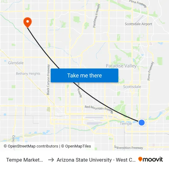 Tempe Marketplace to Arizona State University - West Campus map