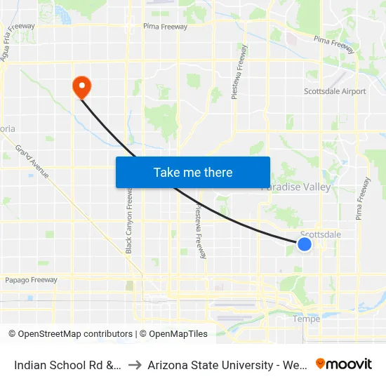 Indian School Rd & 64th St to Arizona State University - West Campus map