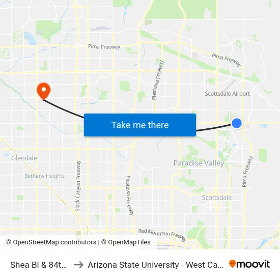 Shea Bl & 84th St to Arizona State University - West Campus map