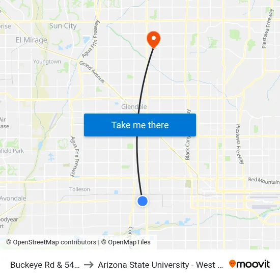 Buckeye Rd & 54th Av to Arizona State University - West Campus map