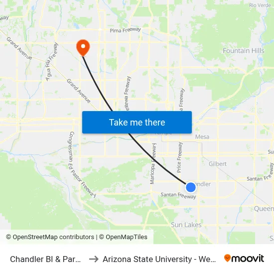 Chandler Bl & Parklane Bl to Arizona State University - West Campus map