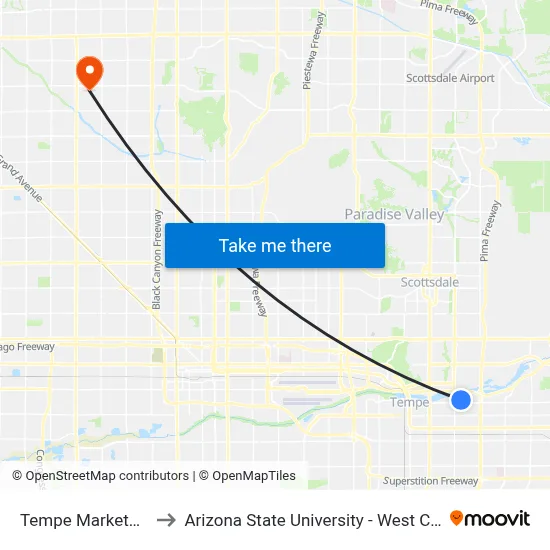 Tempe Marketplace to Arizona State University - West Campus map