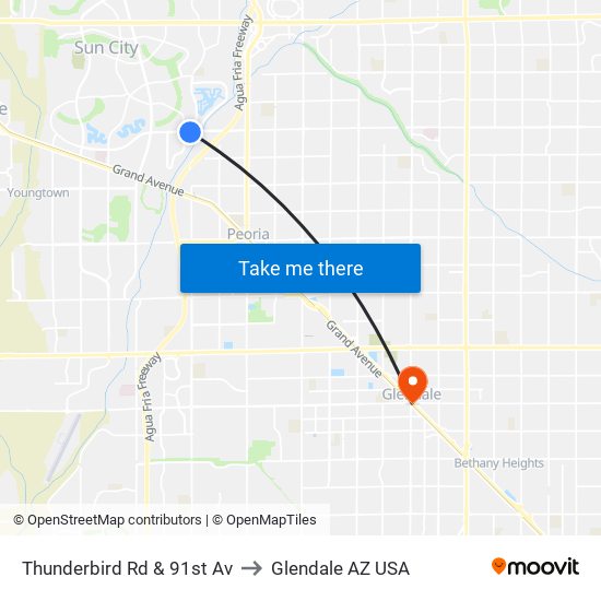 Thunderbird Rd & 91st Av to Glendale AZ USA map