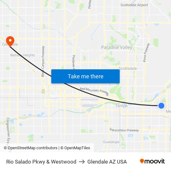 Rio Salado Pkwy & Westwood to Glendale AZ USA map