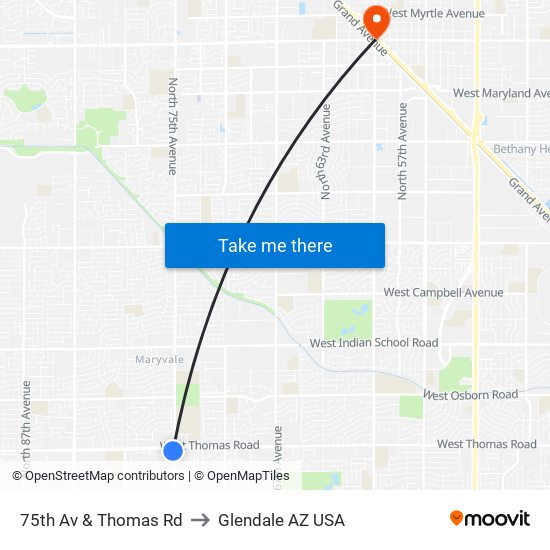 75th Av & Thomas Rd to Glendale AZ USA map