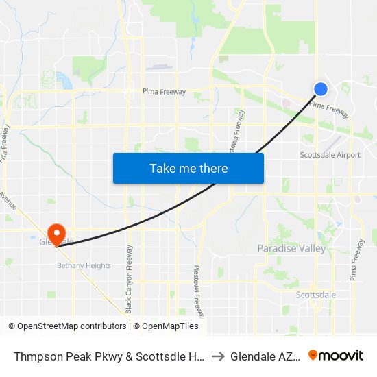 Thmpson Peak Pkwy & Scottsdle Healthcare to Glendale AZ USA map