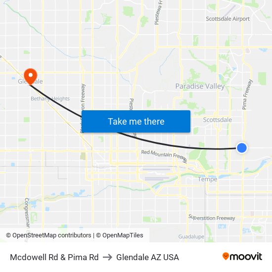 Mcdowell Rd & Pima Rd to Glendale AZ USA map