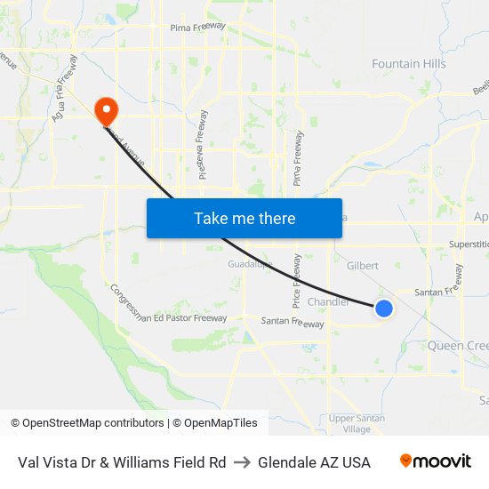 Val Vista Dr & Williams Field Rd to Glendale AZ USA map
