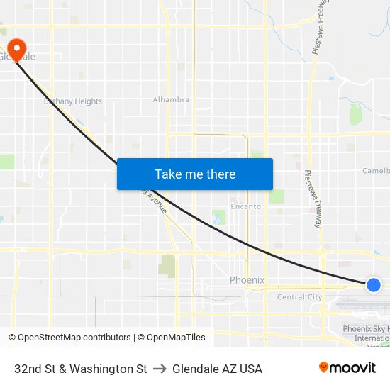 32nd St & Washington St to Glendale AZ USA map