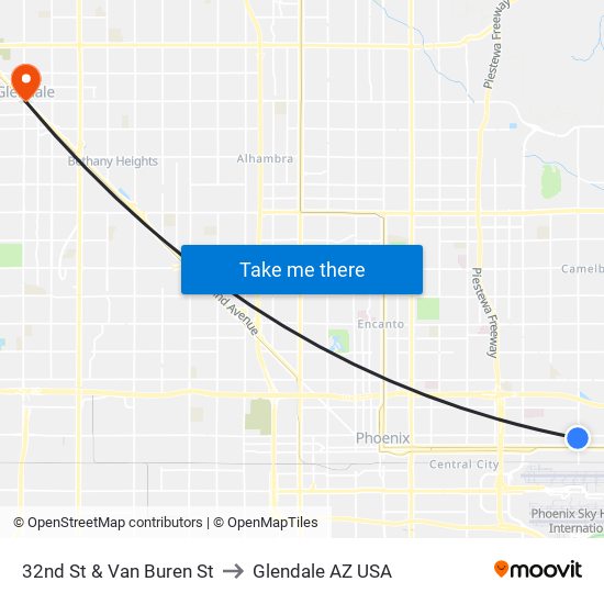 32nd St & Van Buren St to Glendale AZ USA map