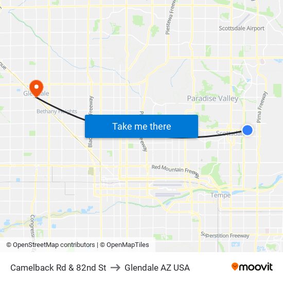 Camelback Rd & 82nd St to Glendale AZ USA map