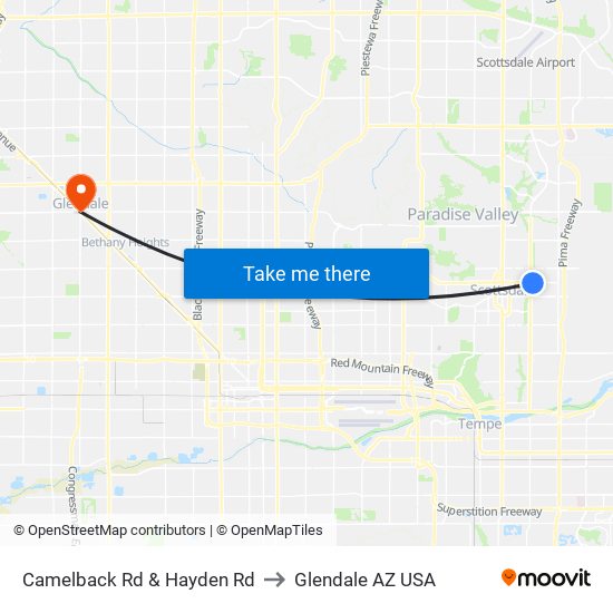 Camelback Rd & Hayden Rd to Glendale AZ USA map