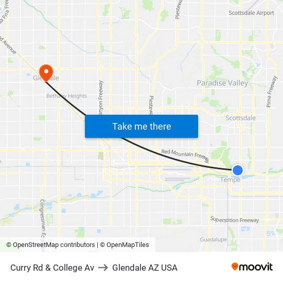 Curry Rd & College Av to Glendale AZ USA map