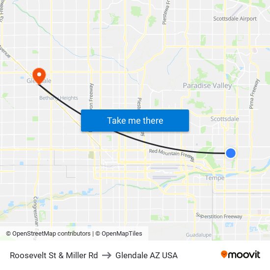 Roosevelt St & Miller Rd to Glendale AZ USA map