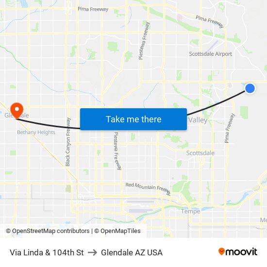 Via Linda & 104th St to Glendale AZ USA map