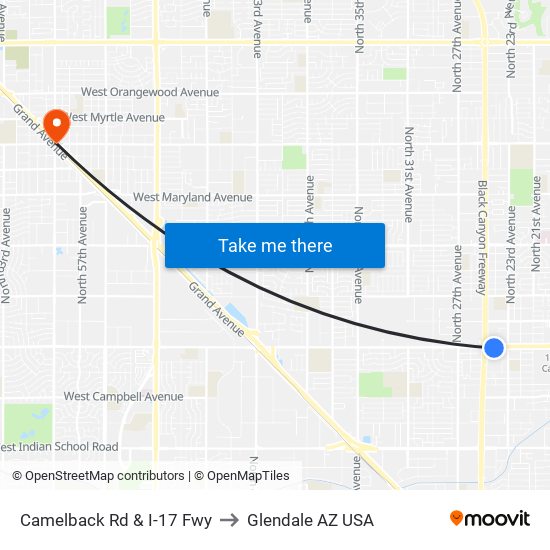 Camelback Rd & I-17 Fwy to Glendale AZ USA map