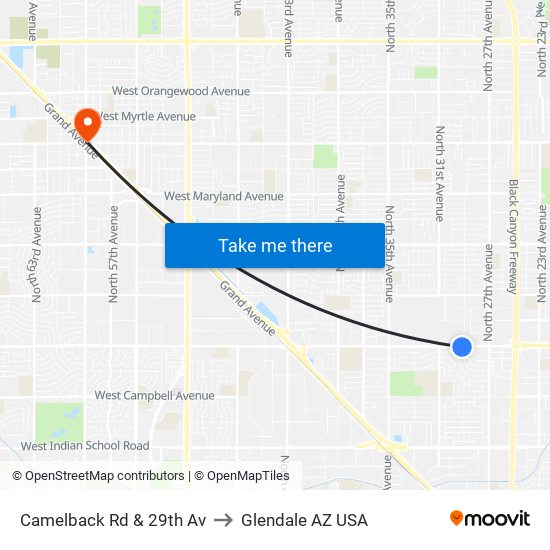 Camelback Rd & 29th Av to Glendale AZ USA map