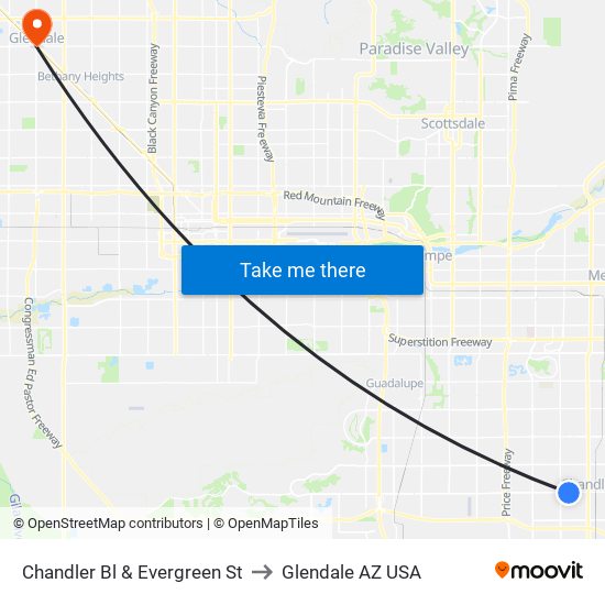Chandler Bl & Evergreen St to Glendale AZ USA map