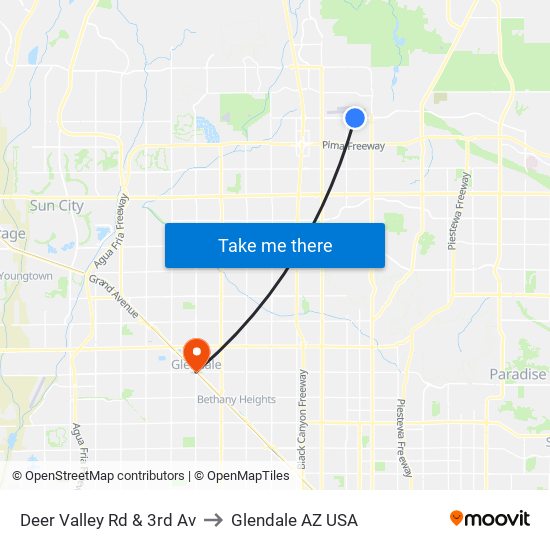 Deer Valley Rd & 3rd Av to Glendale AZ USA map