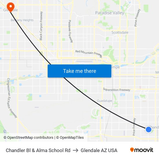 Chandler Bl & Alma School Rd to Glendale AZ USA map