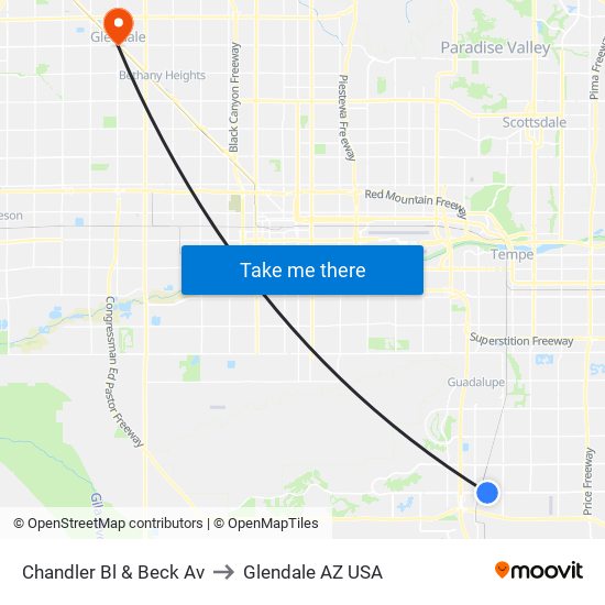 Chandler Bl & Beck Av to Glendale AZ USA map