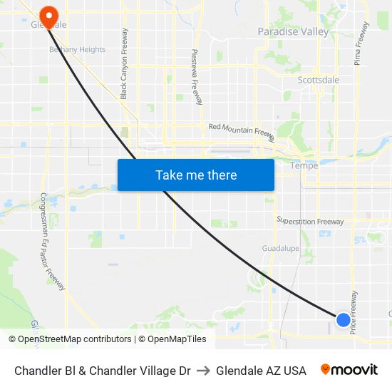 Chandler Bl & Chandler Village Dr to Glendale AZ USA map