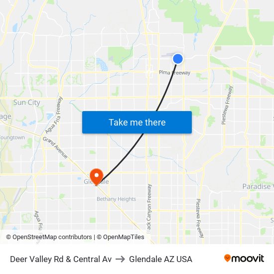 Deer Valley Rd & Central Av to Glendale AZ USA map