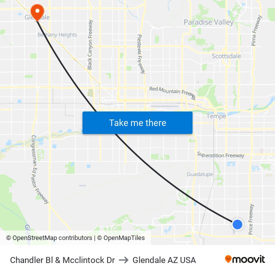 Chandler Bl & Mcclintock Dr to Glendale AZ USA map