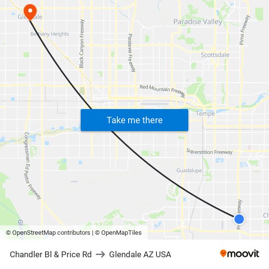 Chandler Bl & Price Rd to Glendale AZ USA map