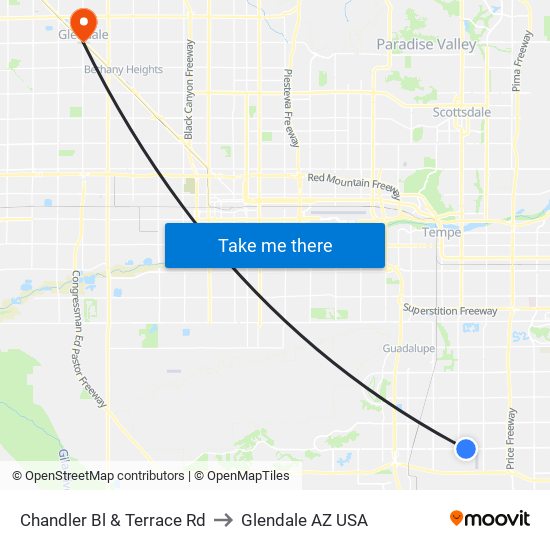 Chandler Bl & Terrace Rd to Glendale AZ USA map