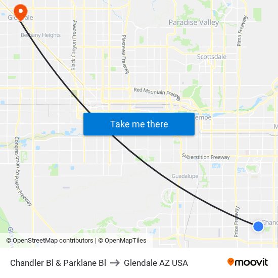 Chandler Bl & Parklane Bl to Glendale AZ USA map