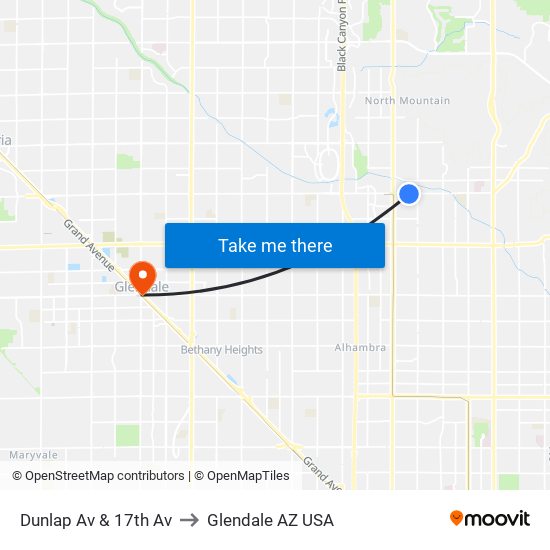 Dunlap Av & 17th Av to Glendale AZ USA map