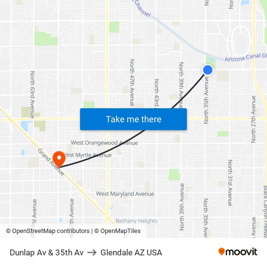 Dunlap Av & 35th Av to Glendale AZ USA map