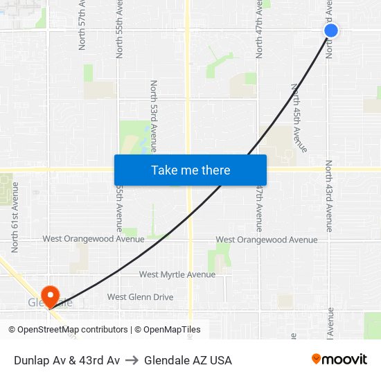 Dunlap Av & 43rd Av to Glendale AZ USA map