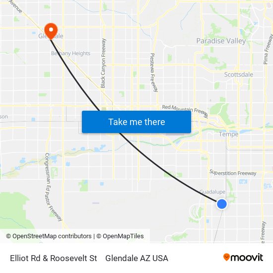 Elliot Rd & Roosevelt St to Glendale AZ USA map