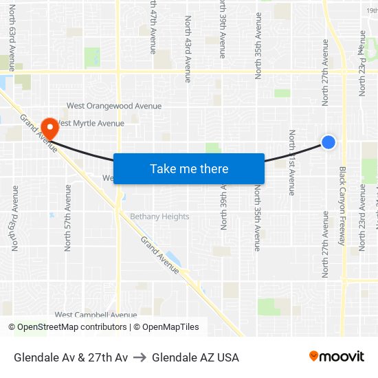 Glendale Av & 27th Av to Glendale AZ USA map