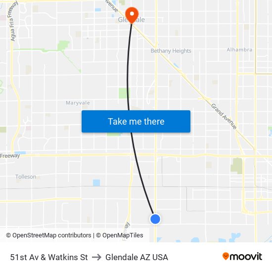 51st Av & Watkins St to Glendale AZ USA map