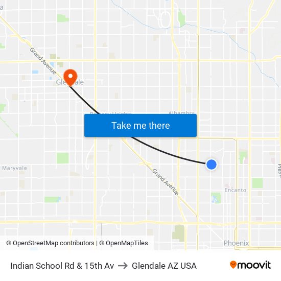 Indian School Rd & 15th Av to Glendale AZ USA map