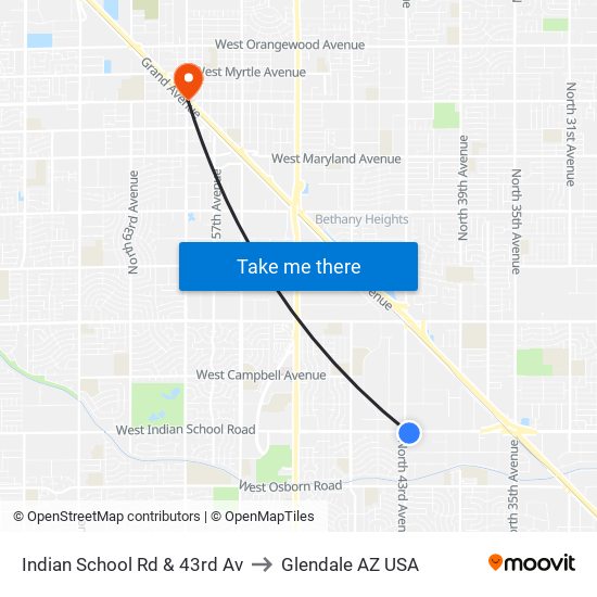 Indian School Rd & 43rd Av to Glendale AZ USA map