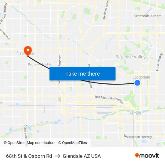 68th St & Osborn Rd to Glendale AZ USA map