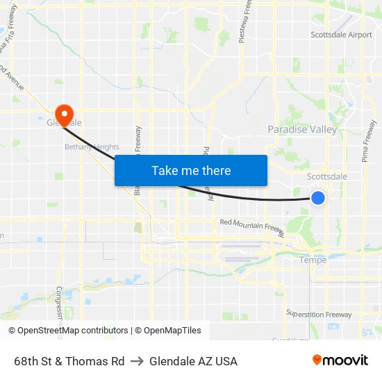 68th St & Thomas Rd to Glendale AZ USA map