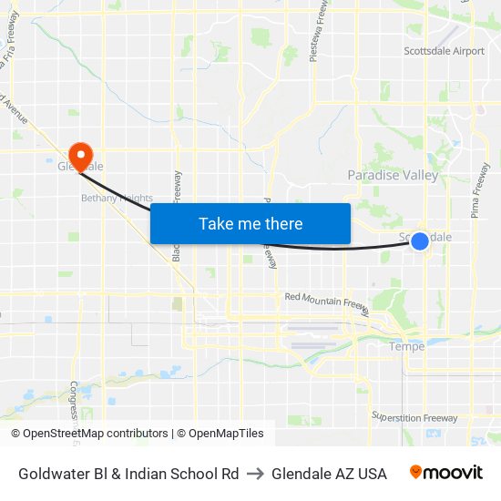 Goldwater Bl & Indian School Rd to Glendale AZ USA map