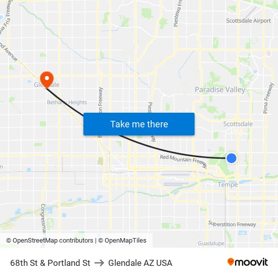 68th St & Portland St to Glendale AZ USA map