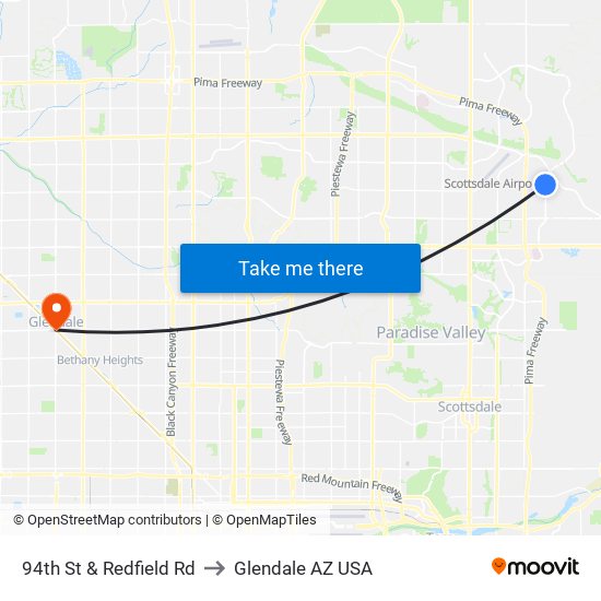 94th St & Redfield Rd to Glendale AZ USA map