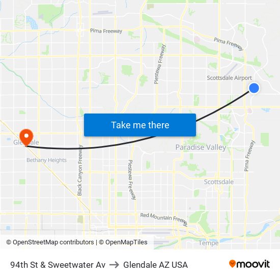 94th St & Sweetwater Av to Glendale AZ USA map